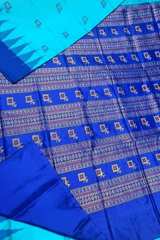 Stunning Blue Handloom Ikat Silk Saree - Authentic Sambalpuri Design - Luxurion World
