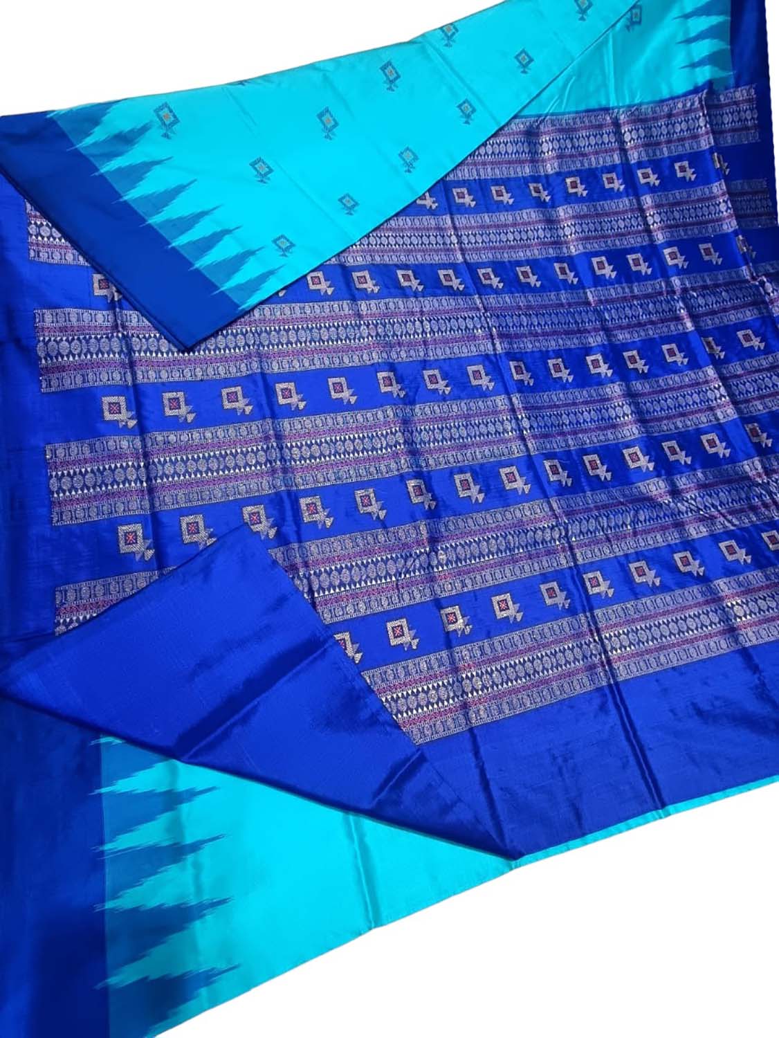 Stunning Blue Handloom Ikat Silk Saree - Authentic Sambalpuri Design - Luxurion World