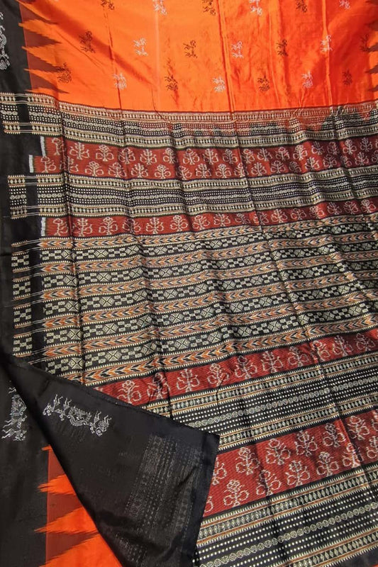 Stunning Orange Handloom Ikat Silk Saree - Sambalpuri Collection - Luxurion World