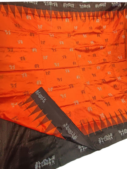 Stunning Orange Handloom Ikat Silk Saree - Sambalpuri Collection - Luxurion World