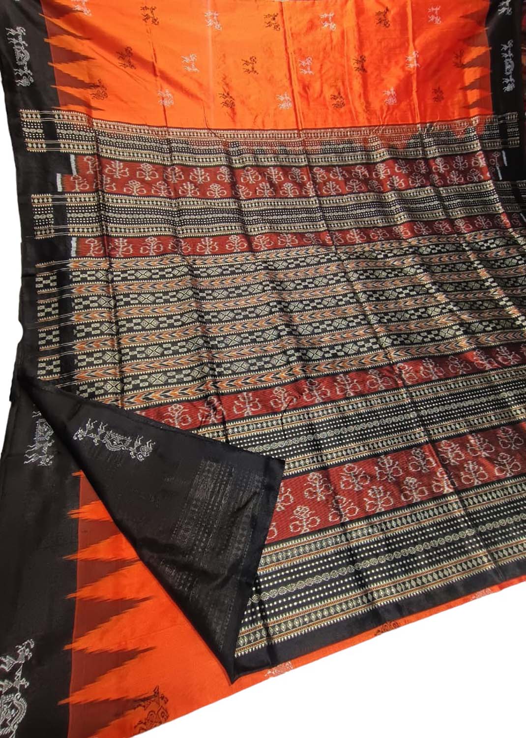 Stunning Orange Handloom Ikat Silk Saree - Sambalpuri Collection - Luxurion World