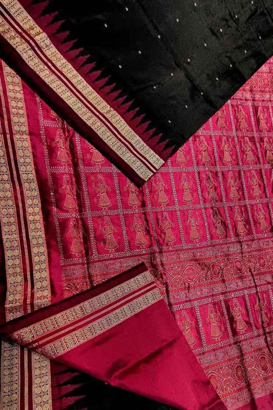 Elegant Black Handloom Sambalpuri Double Ikat Weaved Body Bomkai Silk Saree - Luxurion World
