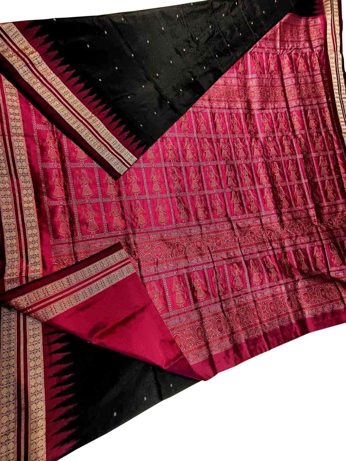 Elegant Black Handloom Sambalpuri Double Ikat Weaved Body Bomkai Silk Saree - Luxurion World