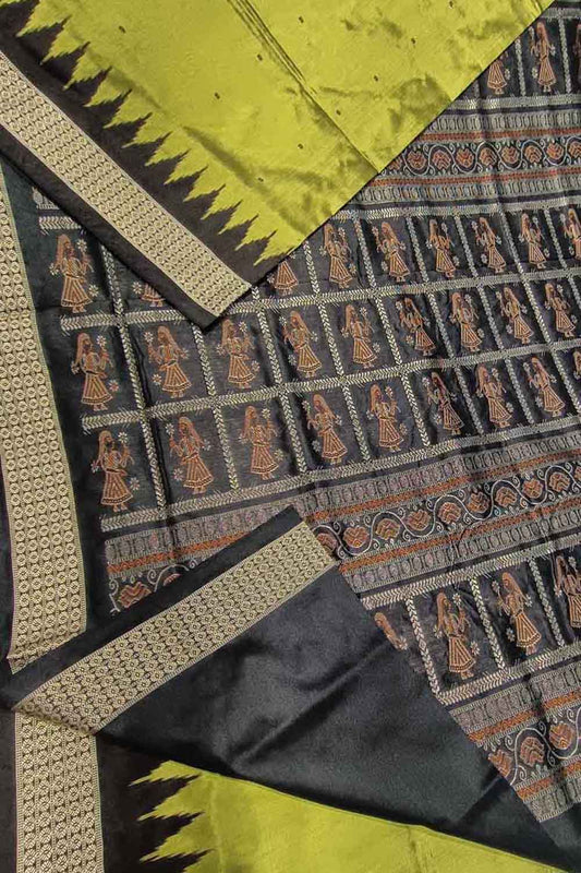 Exquisite Green Handloom Sambalpuri Double Ikat Weaved Body Bomkai Silk Saree - Luxurion World
