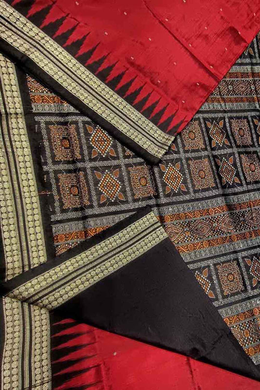 Exquisite Red Handloom Sambalpuri Double Ikat Weaved Body Bomkai Silk Saree - Luxurion World