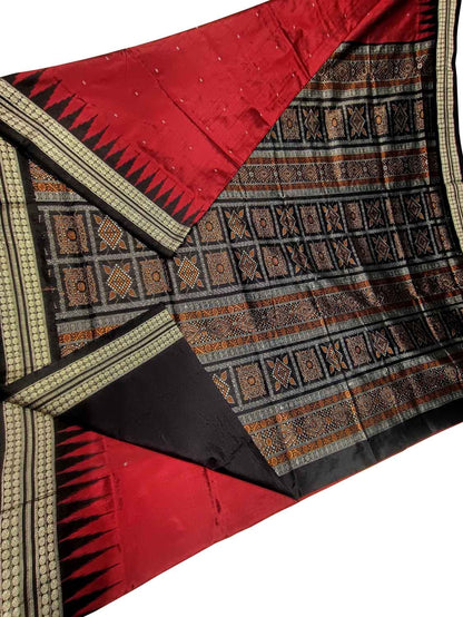 Exquisite Red Handloom Sambalpuri Double Ikat Weaved Body Bomkai Silk Saree - Luxurion World