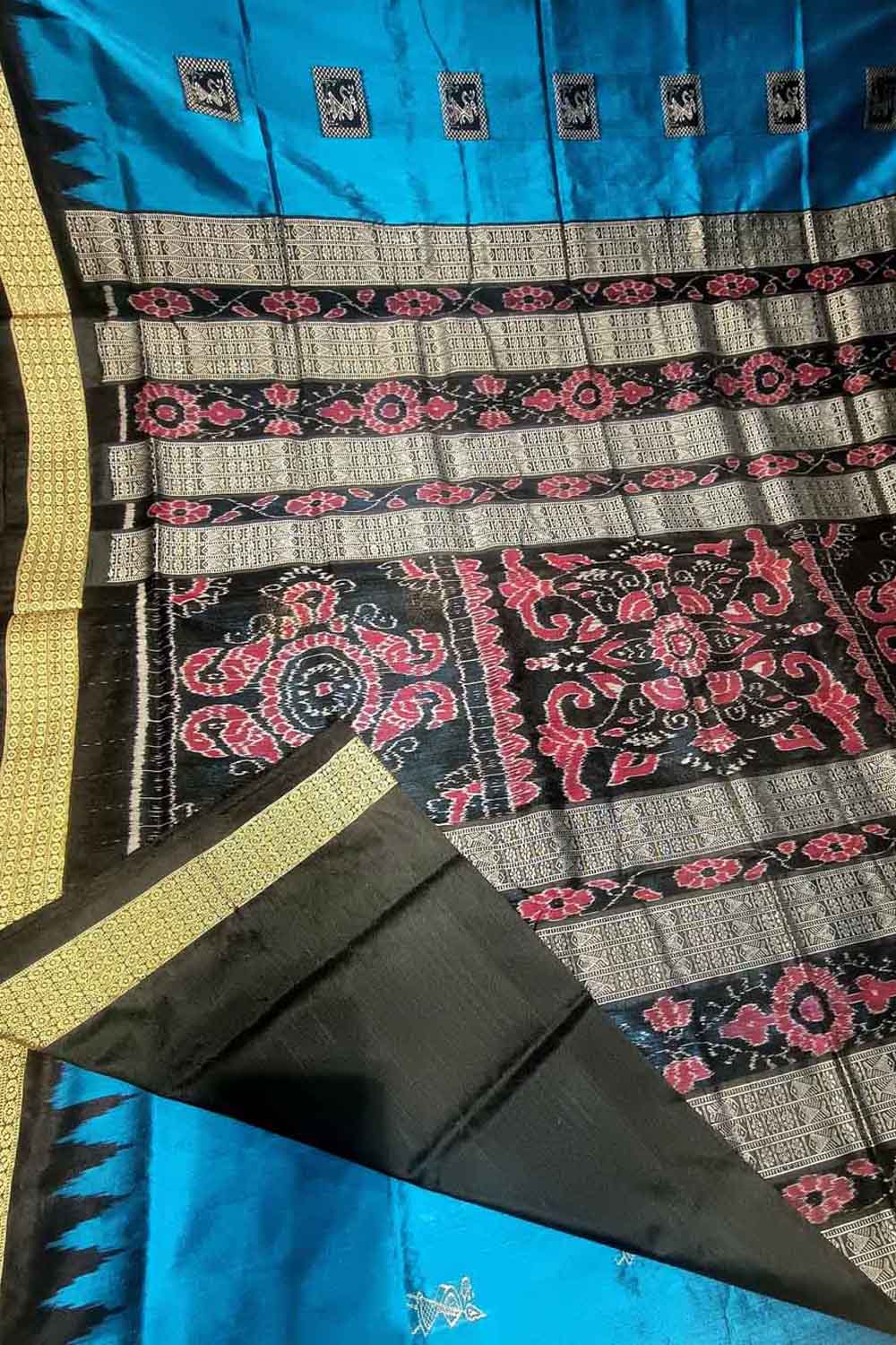 Blue Handloom Sambalpuri Double Ikat Weaved Body Bomkai Silk Saree: Traditional Elegance in Every Thread - Luxurion World