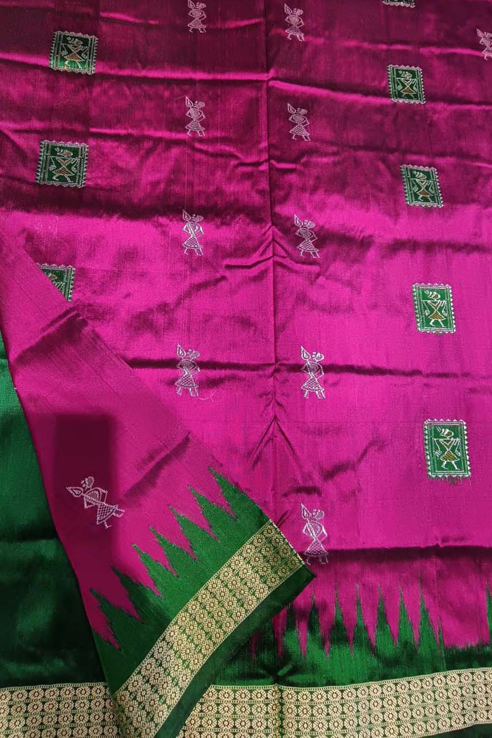 Pink Handloom Sambalpuri Double Ikat Weaved Body Bomkai Silk Saree - Luxurion World