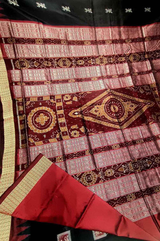 Red And Black Handloom Sambalpuri Double Ikat Weaved Body Bomkai Silk Saree - Luxurion World