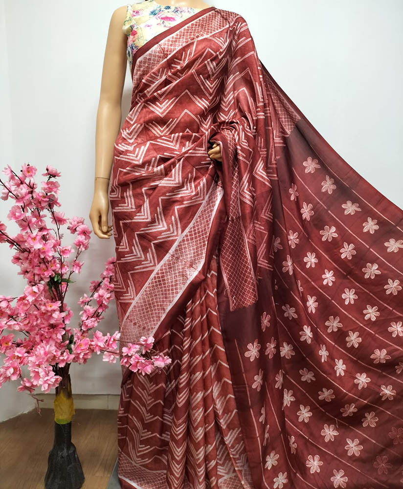 Brown Shibori Mulberry Silk Saree - Luxurion World