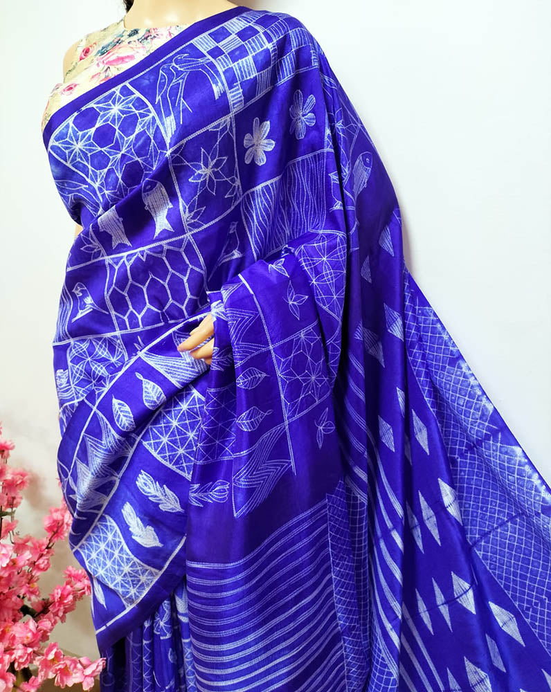 Blue Shibori Mulberry Silk Saree - Luxurion World