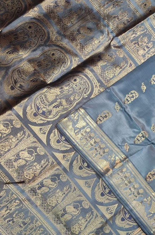 Grey Handloom Swarnachari Silk Saree - Luxurion World