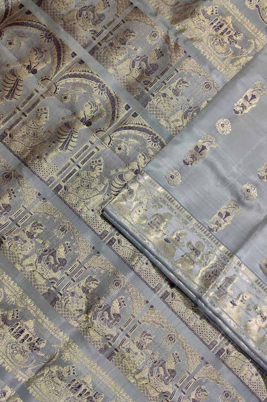 Exquisite Grey Baluchari Pure Silk Saree - Handloom Woven