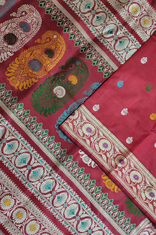 Elegant Red Baluchari Silk Meenakari Saree: Handloom Perfection - Luxurion World