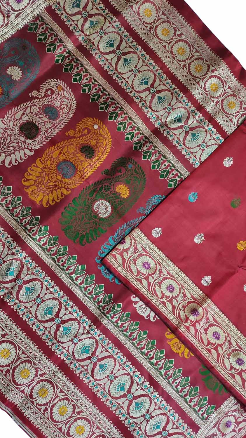 Elegant Red Baluchari Silk Meenakari Saree: Handloom Perfection - Luxurion World