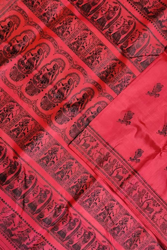 Exquisite Red Baluchari Handloom Pure Silk Saree: Timeless Elegance