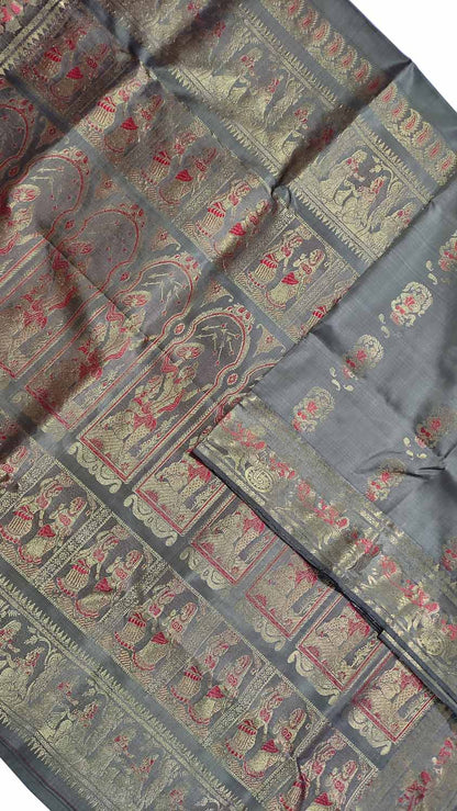 Elegant Grey Handloom Swarnachari Pure Silk Saree - Luxurion World