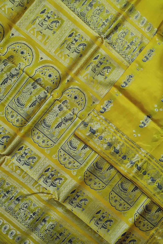 Exquisite Yellow Handloom Swarnachari Pure Silk Saree: Timeless Elegance