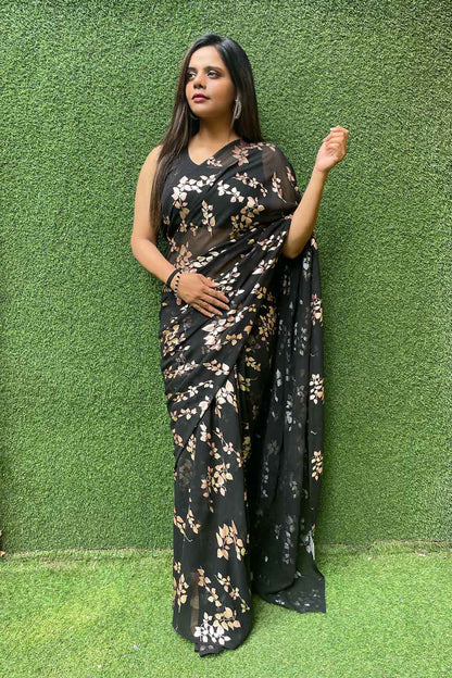 Stylish Black Georgette Saree with Trendy Foil Print - Perfect for Any Occasion - Luxurion World