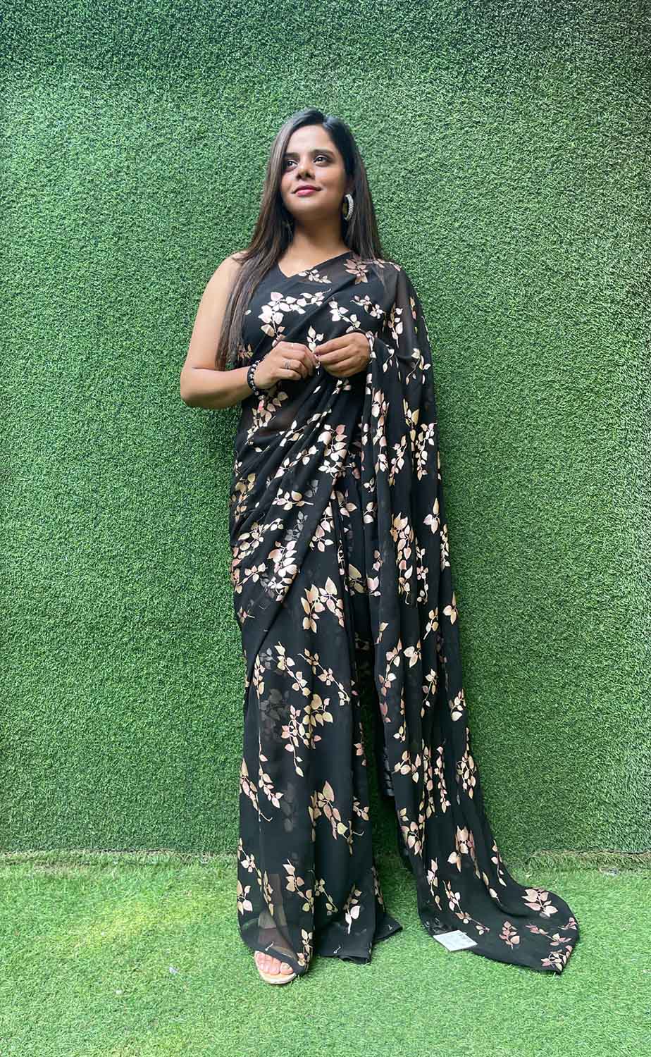 Stylish Black Georgette Saree with Trendy Foil Print - Perfect for Any Occasion - Luxurion World