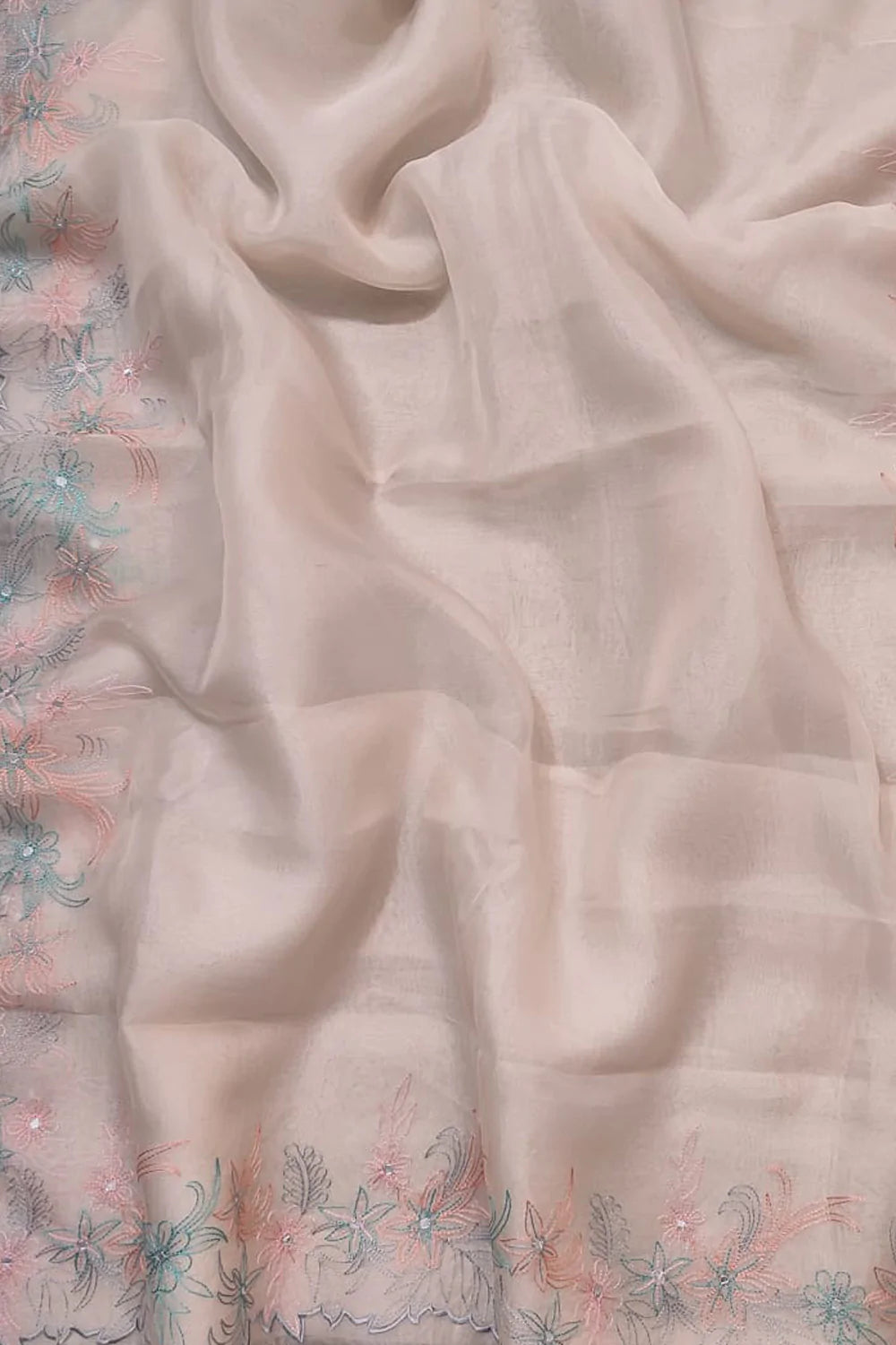 Pastel Embroidered Pure Organza Silk Scallop Border Saree - Luxurion World