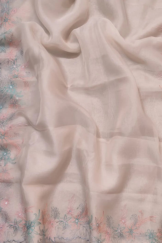 Pastel Embroidered Pure Organza Silk Scallop Border Saree - Luxurion World
