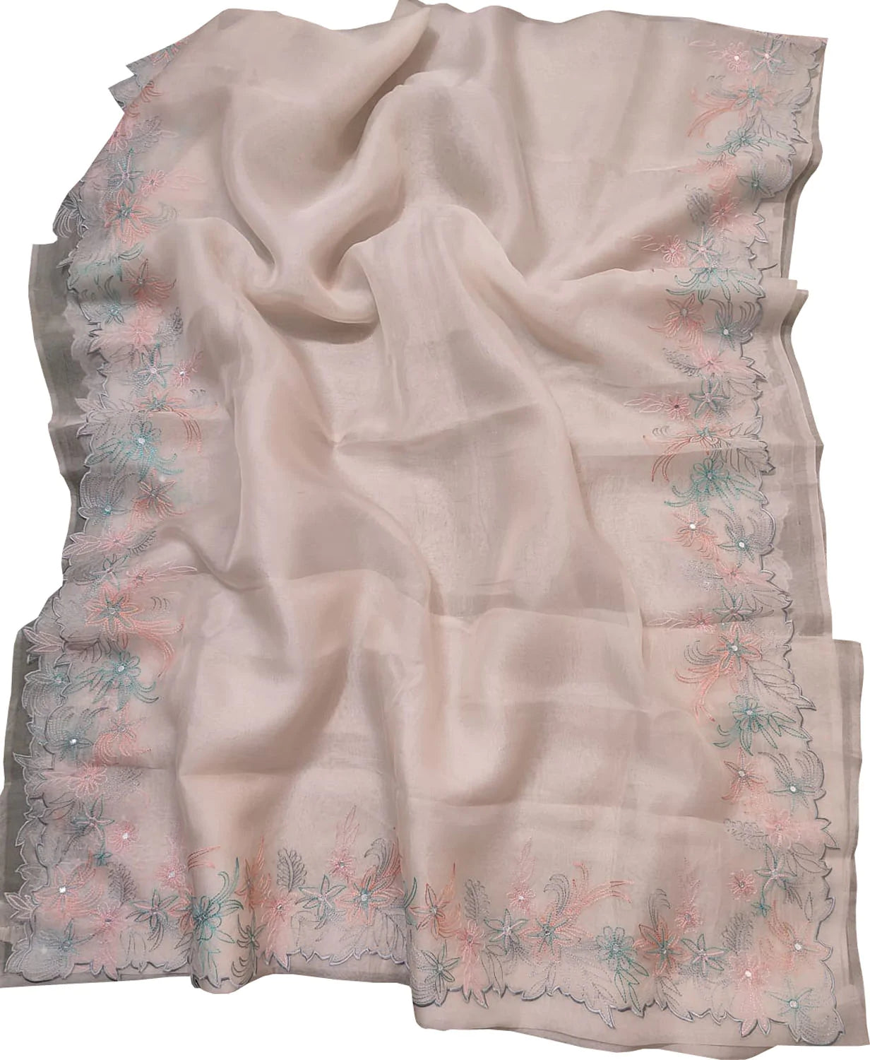 Pastel Embroidered Pure Organza Silk Scallop Border Saree - Luxurion World