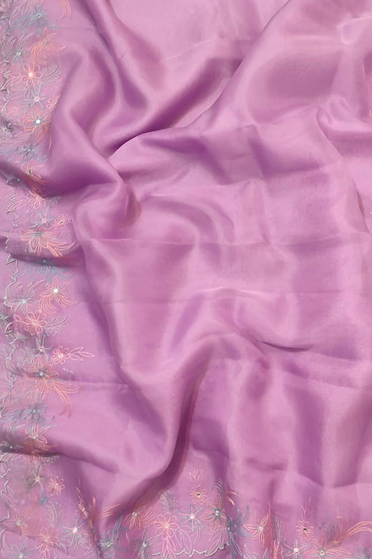 Pink Embroidered Pure Organza Silk Scallop Border Saree - Luxurion World