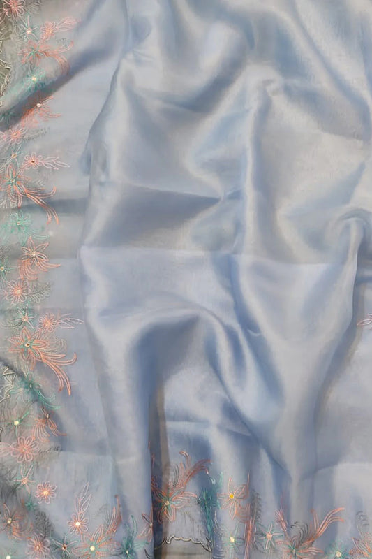 Blue Embroidered Pure Organza Silk Scallop Border Saree - Luxurion World