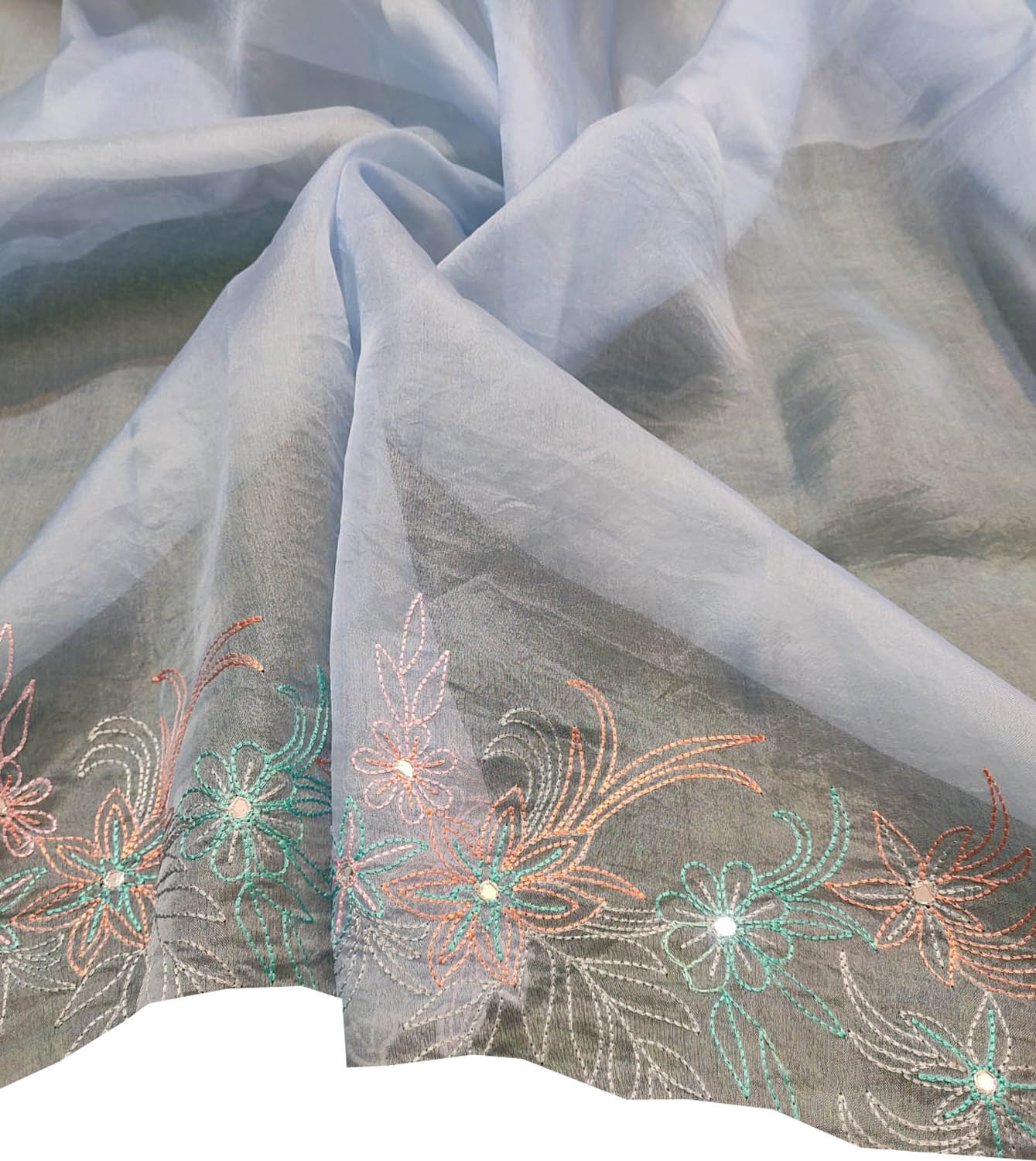 Blue Embroidered Pure Organza Silk Scallop Border Saree - Luxurion World