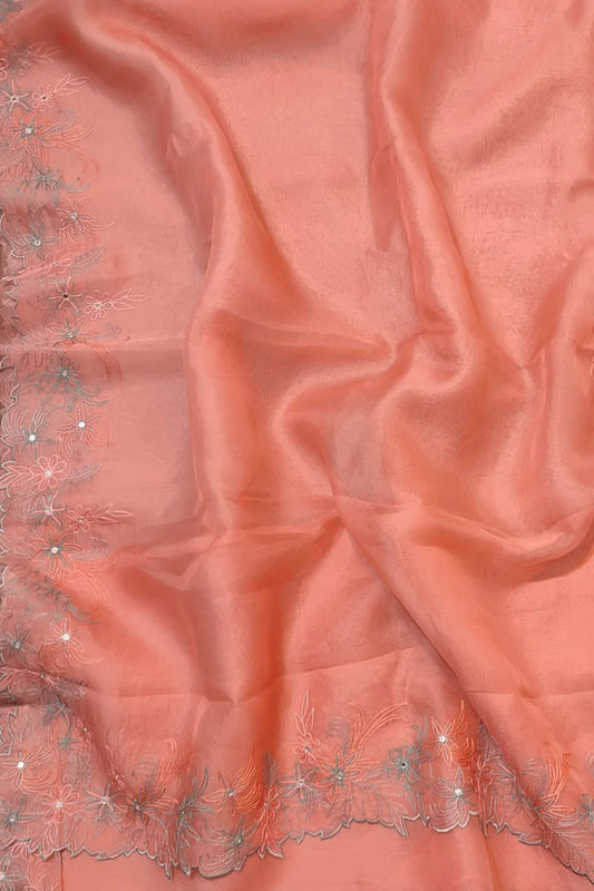 Orange Embroidered Pure Organza Silk Scallop Border Saree - Luxurion World