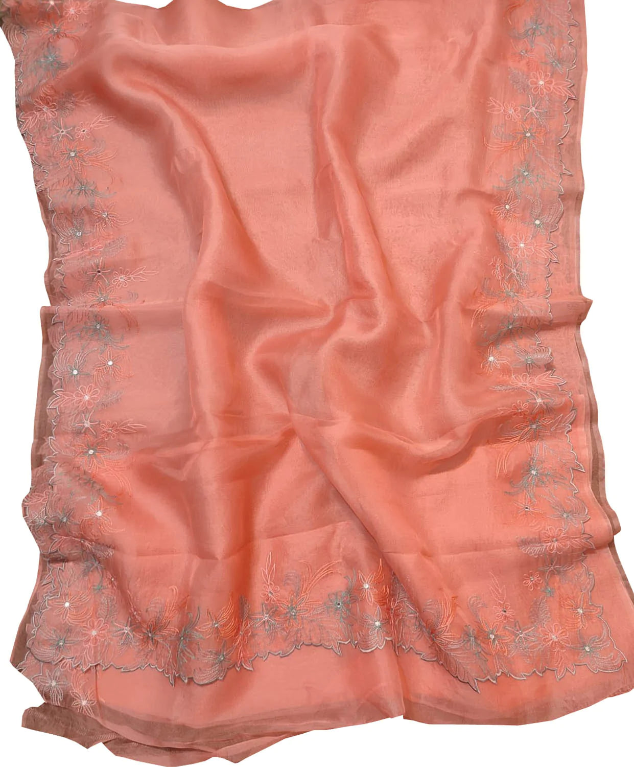 Orange Embroidered Pure Organza Silk Scallop Border Saree - Luxurion World