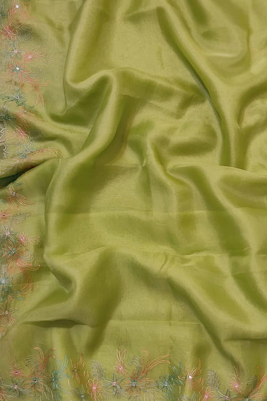 Green Embroidered Pure Organza Silk Scallop Border Saree