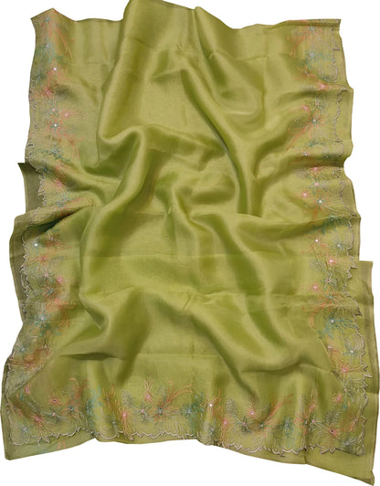 Green Embroidered Pure Organza Silk Scallop Border Saree - Luxurion World