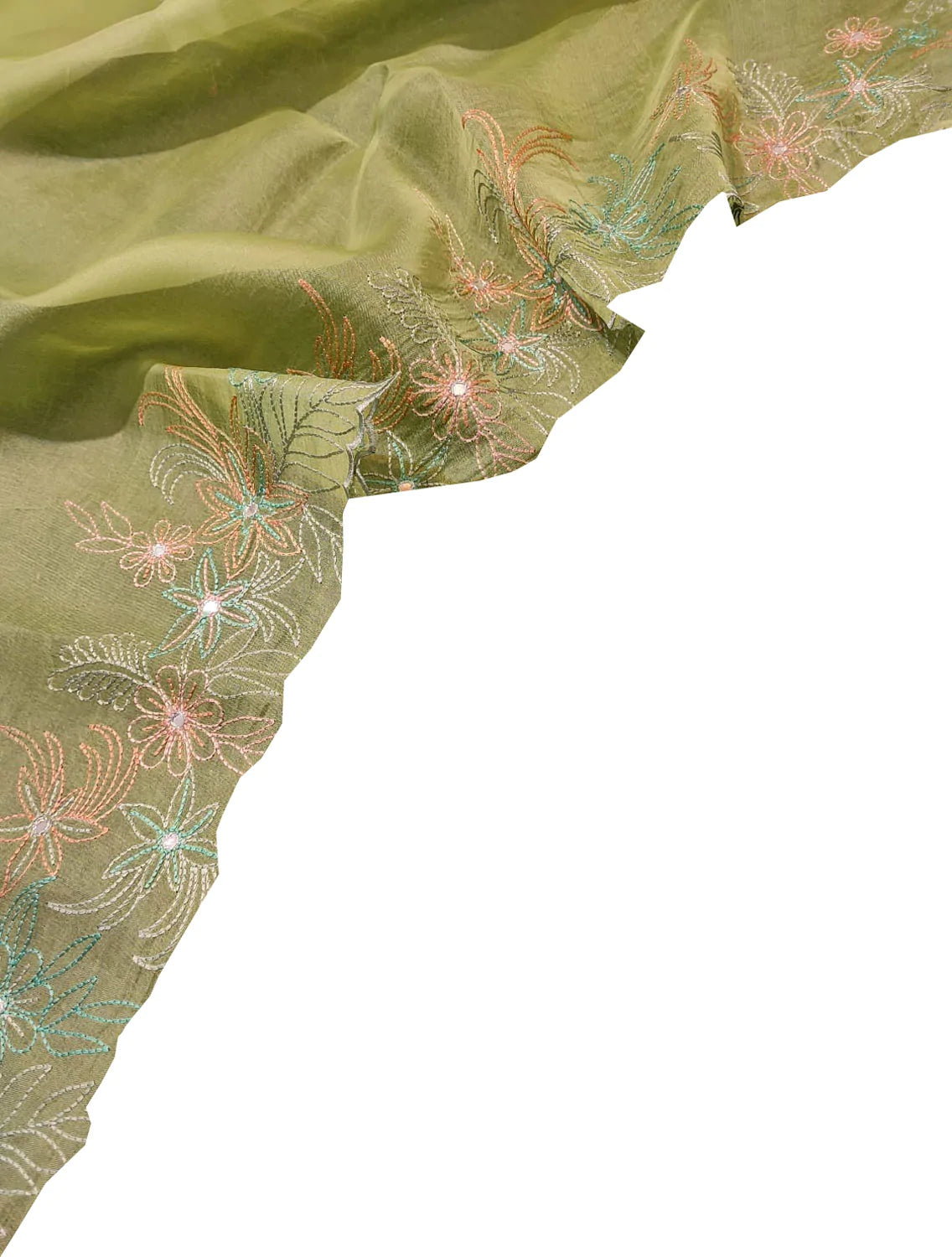 Green Embroidered Pure Organza Silk Scallop Border Saree - Luxurion World