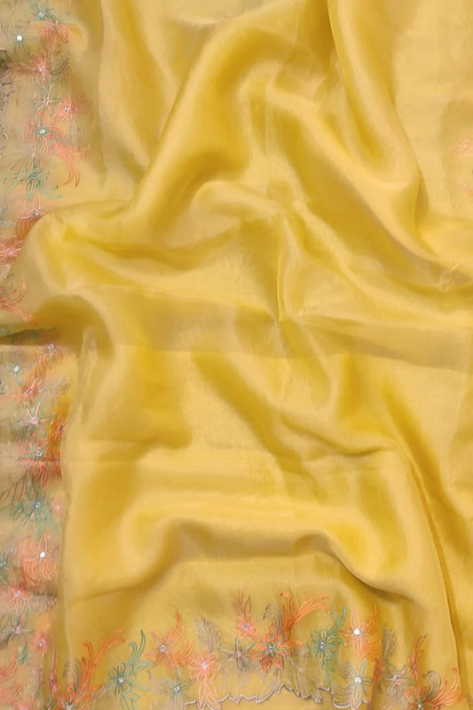 Yellow Embroidered Pure Organza Silk Scallop Border Saree