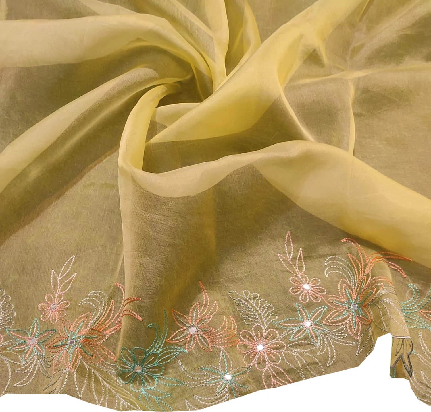 Yellow Embroidered Pure Organza Silk Scallop Border Saree - Luxurion World