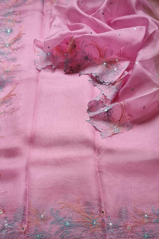 Stunning Pink Organza Silk Saree with Mirror Work