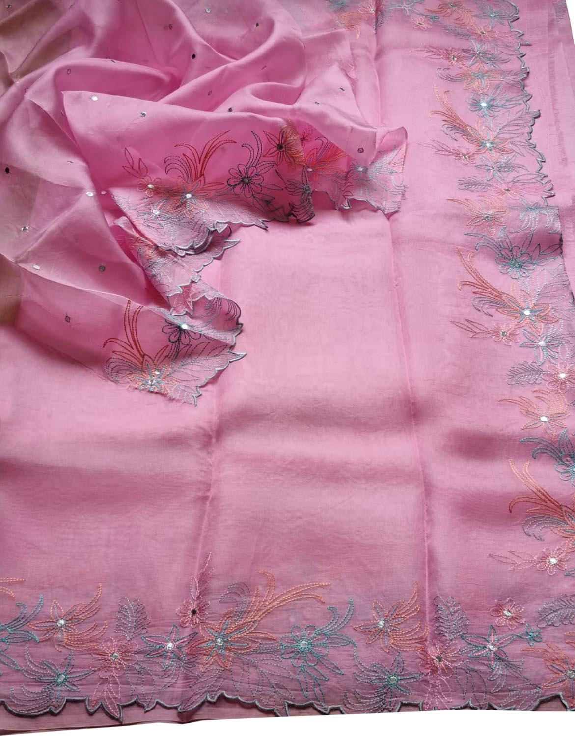 Stunning Pink Organza Silk Saree with Mirror Work - Luxurion World