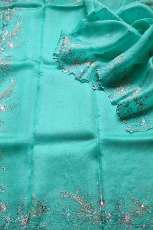 Blue Organza Silk Saree with Mirror Work - Luxurion World