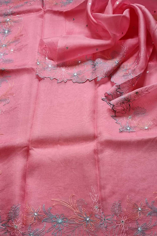 Stunning Pink Organza Silk Saree with Mirror Work - Luxurion World