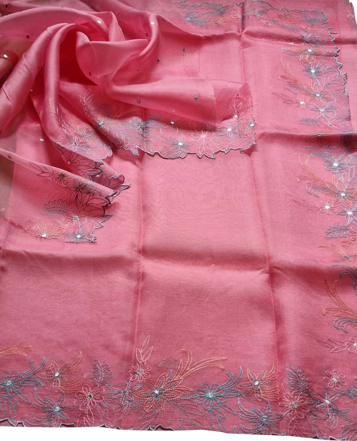 Stunning Pink Organza Silk Saree with Mirror Work - Luxurion World