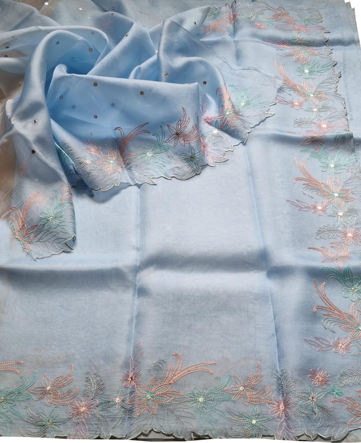 Blue Organza Silk Saree: Trendy Embroidery & Mirror Work - Luxurion World
