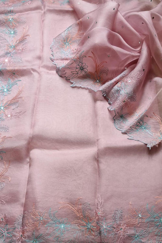 Stunning Pink Organza Silk Saree with Mirror Work - Luxurion World