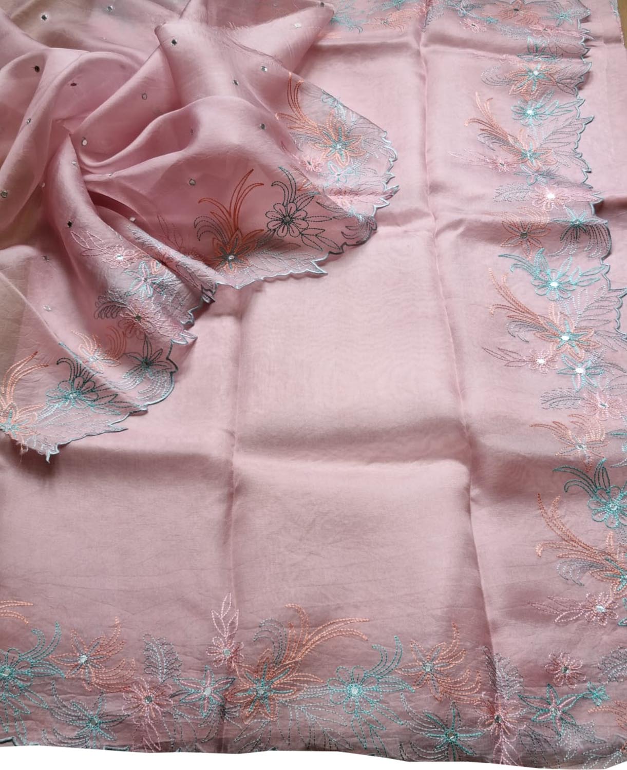 Stunning Pink Organza Silk Saree with Mirror Work - Luxurion World