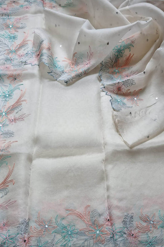 Off White Organza Silk Saree with Mirror Work - Luxurion World