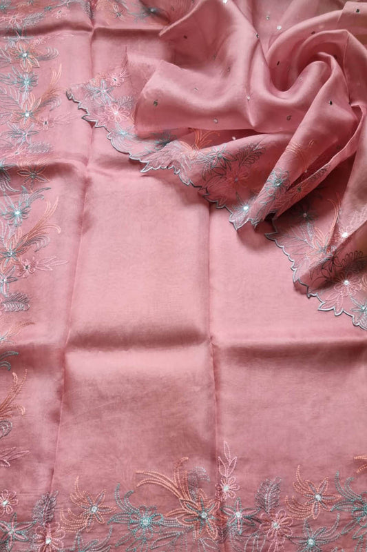Stunning Pink Organza Silk Saree with Mirror Work
