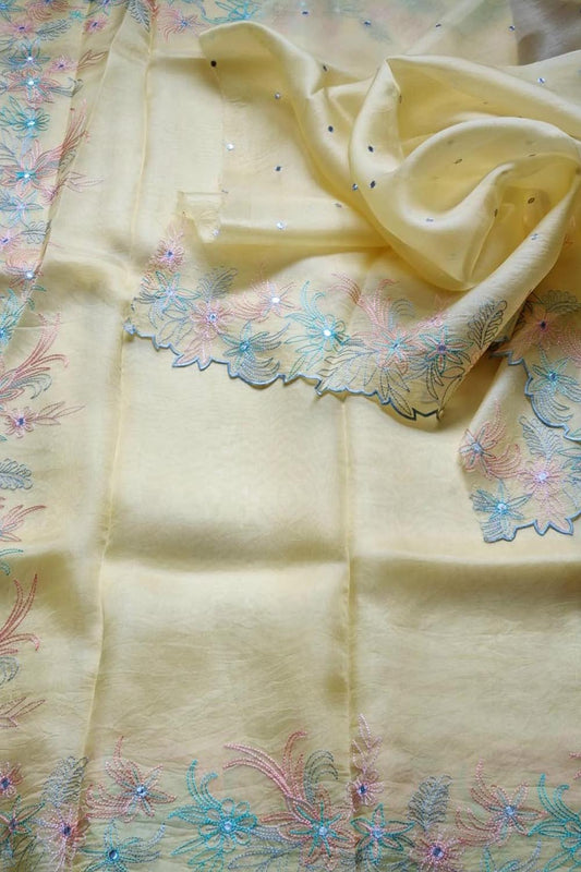 Yellow Organza Silk Saree with Mirror Work - Luxurion World