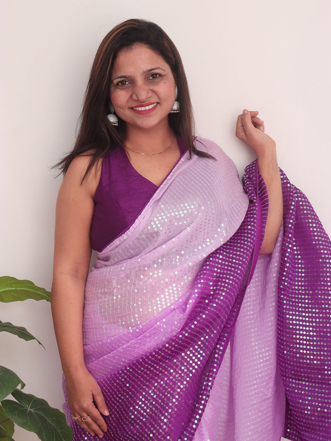 Purple Trendy Georgette Sequins Work Saree - Luxurion World