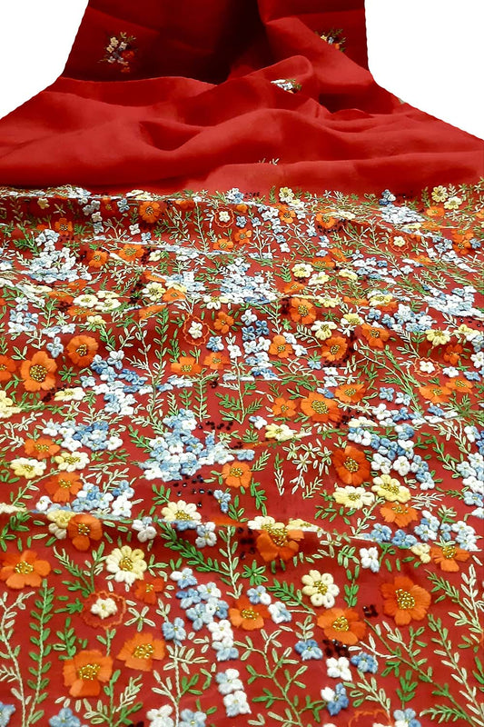 Red Trendy Organza French Knot And Sequins Work Saree - Luxurion World